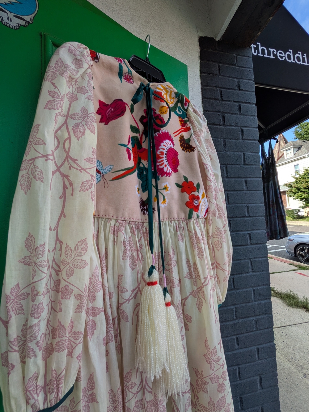 Alix Of Bohemia Celia Dress - floral velvet bodice, long sleeves and tassels